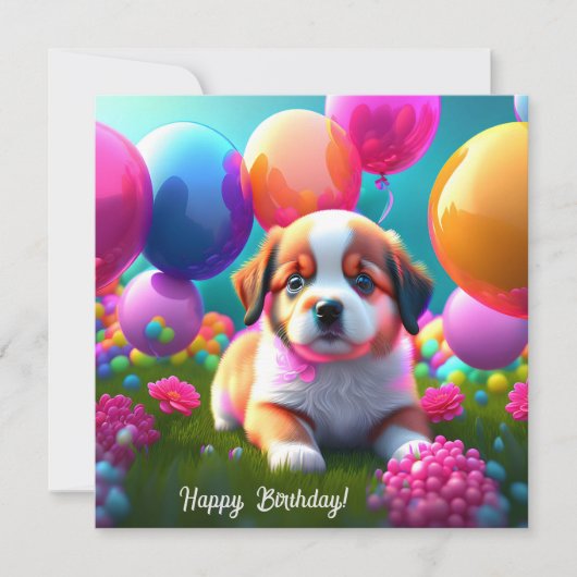 Kute puppy met ballonnen - jarig (Voorkant)