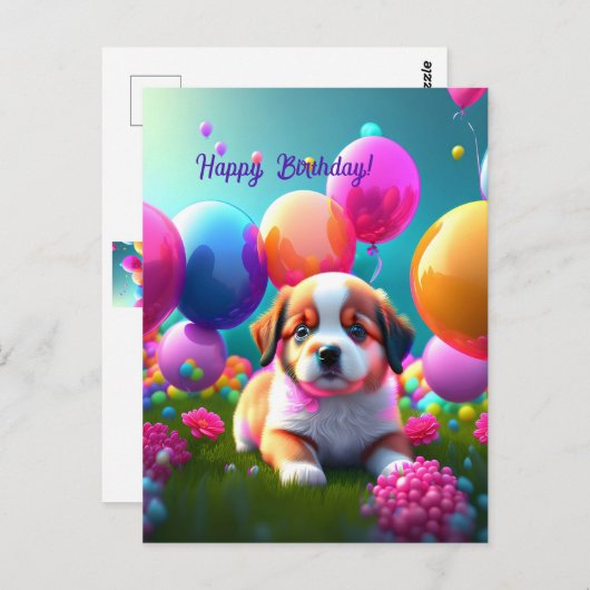 Kute puppy met ballonnen - jarig briefkaart (Voorkant / Achterkant)