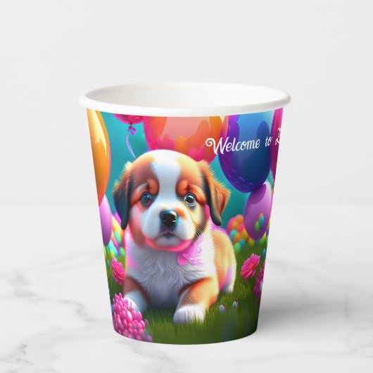 Kute puppy met ballonnen - jarig papieren bekers (Voorkant)
