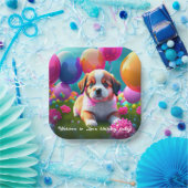 Kute puppy met ballonnen - jarig papieren bordje