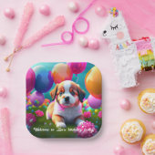 Kute puppy met ballonnen - jarig papieren bordje (Feest)