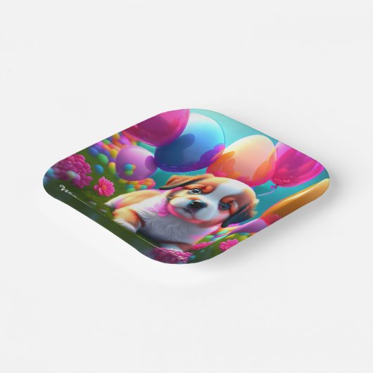 Kute puppy met ballonnen - jarig papieren bordje (Gebogen)