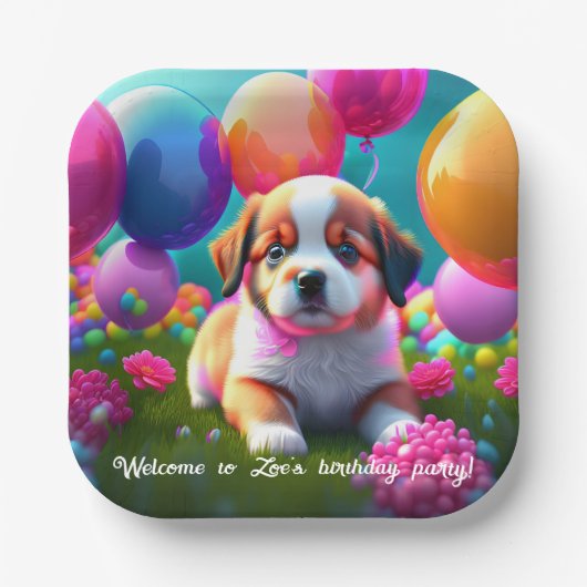Kute puppy met ballonnen - jarig papieren bordje (Voorkant)