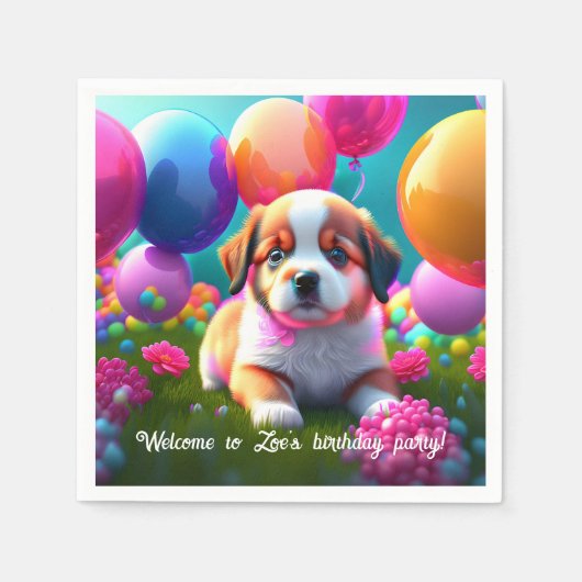 Kute puppy met ballonnen - jarig servet (Voorkant)