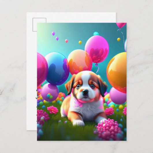 Kute puppy met ballonnen - jarig uitnodiging briefkaart (Voorkant / Achterkant)