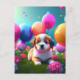 Kute puppy met ballonnen - jarig uitnodiging briefkaart
