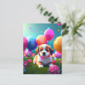 Kute puppy met ballonnen - jarig uitnodiging briefkaart (Staand voorkant)