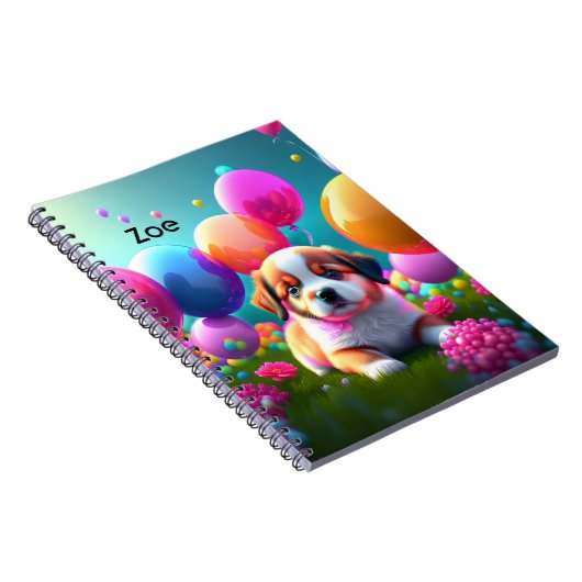 Kute puppy met ballonnen - zoet notitieboek (Rechterzijde)