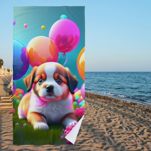 Kute puppy met ballonnen - zoet strandlaken
