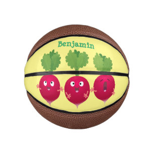 Kute radishes die trio-cartoon-groenten zingen basketbal