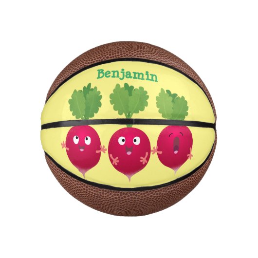 Kute radishes die trio-cartoon-groenten zingen basketbal (Voorkant)