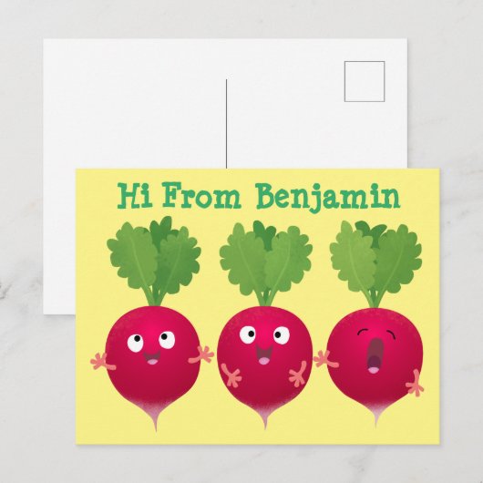 Kute radishes die trio-cartoon-groenten zingen briefkaart (Voorkant / Achterkant)