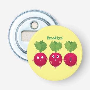 Kute radishes die trio-cartoon-groenten zingen button flesopener