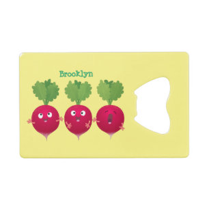 Kute radishes die trio-cartoon-groenten zingen creditkaart flessenopener