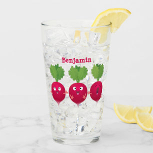 Kute radishes die trio-cartoon-groenten zingen glas