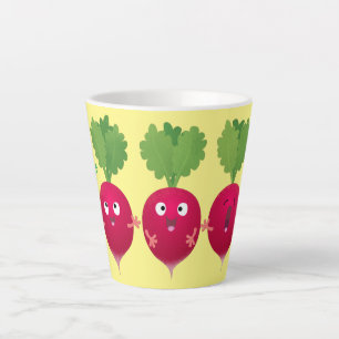 Kute radishes die trio-cartoon-groenten zingen latte mok