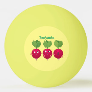 Kute radishes die trio-cartoon-groenten zingen pingpongbal