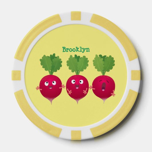 Kute radishes die trio-cartoon-groenten zingen poker chips (Voorkant)
