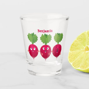 Kute radishes die trio-cartoon-groenten zingen shot glas