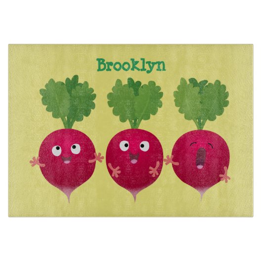 Kute radishes die trio-cartoon-groenten zingen snijplank (Voorkant)