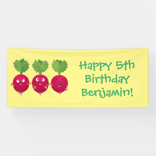 Kute radishes die trio-cartoon-groenten zingen spandoek (Horizontaal)