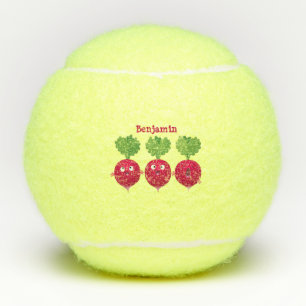 Kute radishes die trio-cartoon-groenten zingen tennisballen