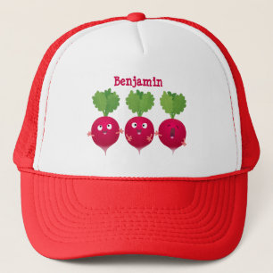 Kute radishes die trio-cartoon-groenten zingen trucker pet
