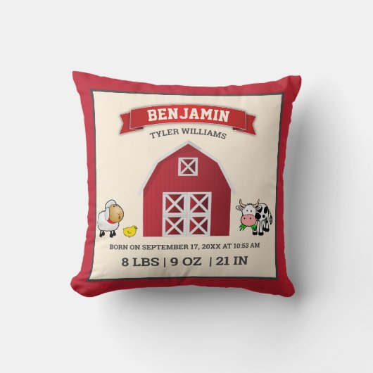 Kute Red Barn Farm Animals Baby Birthat Stats Kussen (Voorkant)