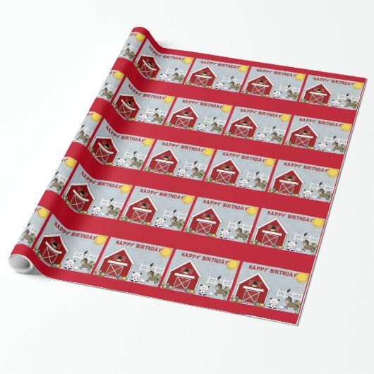 Kute Red Barn Farm Animals Birthday Wrapping Paper Cadeaupapier (Uitgerold)