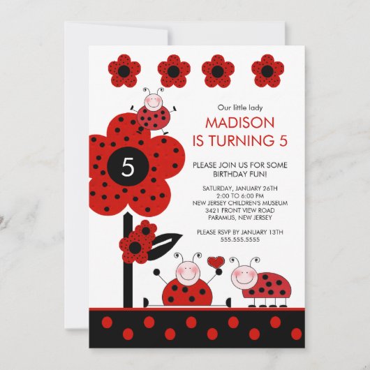 Kute Red & Black Ladybugs Birthday Invitation Kaart (Voorkant)