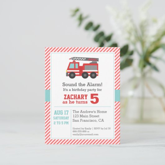 Kute Red Fire Truck Birthday Party Invitation Kaart (Staand voorkant)