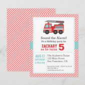 Kute Red Fire Truck Birthday Party Invitation Kaart (Voorkant / Achterkant)