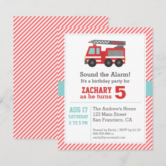 Kute Red Fire Truck Birthday Party Invitation Kaart (Voorkant / Achterkant)
