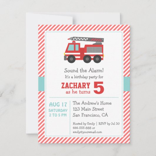 Kute Red Fire Truck Birthday Party Invitation Kaart (Voorkant)