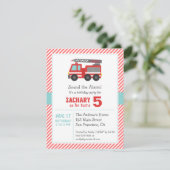 Kute Red Fire Truck Birthday Party Invitation Kaart (Staand voorkant)