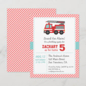 Kute Red Fire Truck Birthday Party Invitation Kaart (Voorkant / Achterkant)