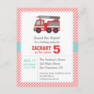 Kute Red Fire Truck Birthday Party Invitation Kaart