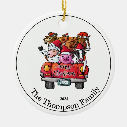 Kute Red Truck met kerstnaam Farm Animals Keramisch Ornament (Voorkant)