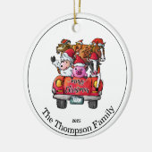 Kute Red Truck met kerstnaam Farm Animals Keramisch Ornament (Links)