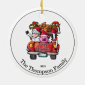 Kute Red Truck met kerstnaam Farm Animals Keramisch Ornament (Achterkant)