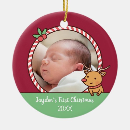 Kute Reindeer Doodle Baby's eerste kerstfoto Keramisch Ornament (Voorkant)