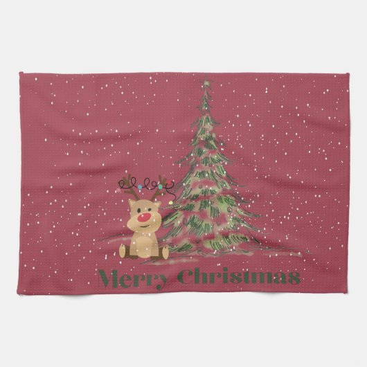 Kute rendier in het sneeuwkerstKind Theedoek (Horizontaal)