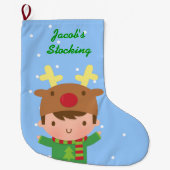 Kute rendierjongen kerst voor kinderen grote kerstsok (Voorkant)