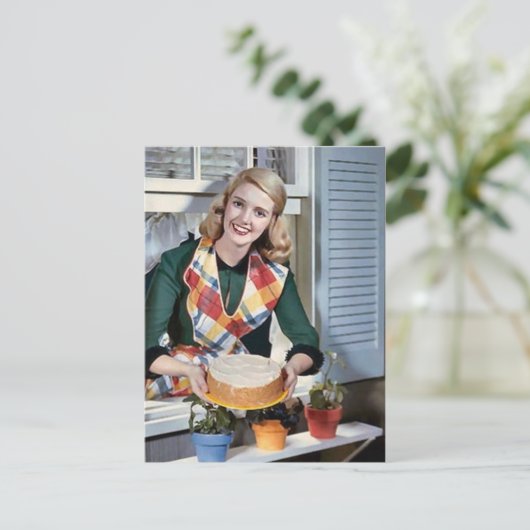 Kute retro  bakdame feestdagenkaart (Staand voorkant)