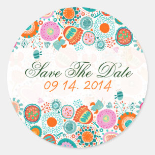 Kute Retro Birds & Flowers Save the Date Ronde Sticker