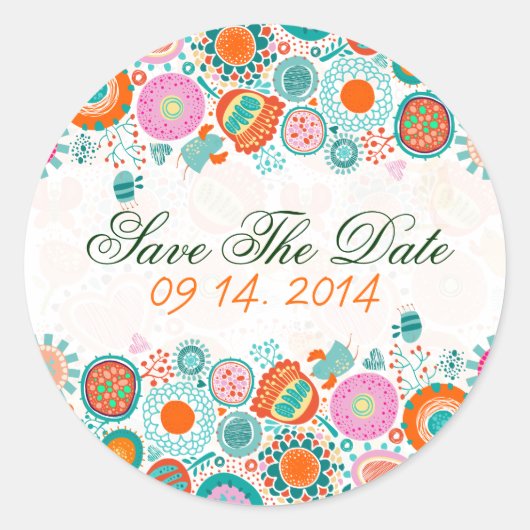 Kute Retro Birds & Flowers Save the Date Ronde Sticker (Voorkant)