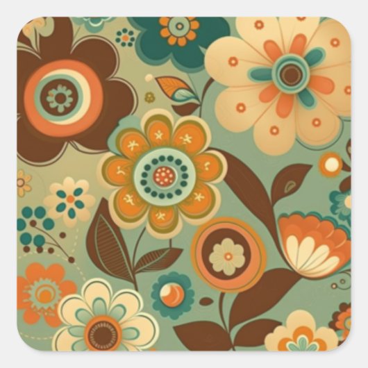 Kute retro- bloemen vierkante sticker (Voorkant)
