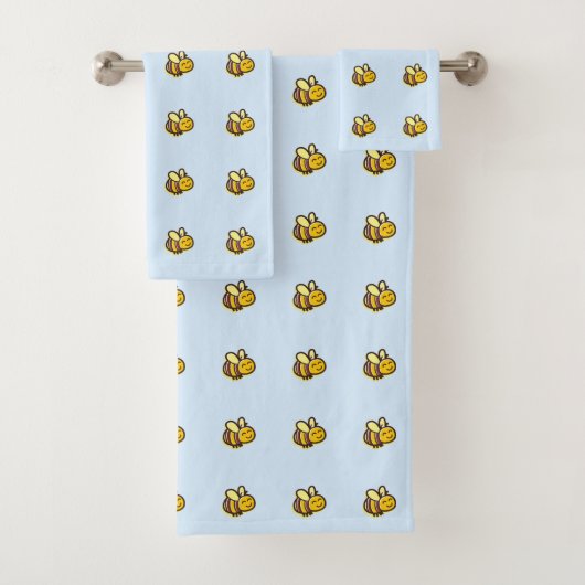 Kute Retro Bumble Bees op Light Blue Bad Handdoek (Insitu)