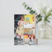 Kute retro dame die het briefkaart van de hond vo (Staand voorkant)