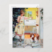 Kute retro dame die het briefkaart van de hond vo (Voorkant / Achterkant)